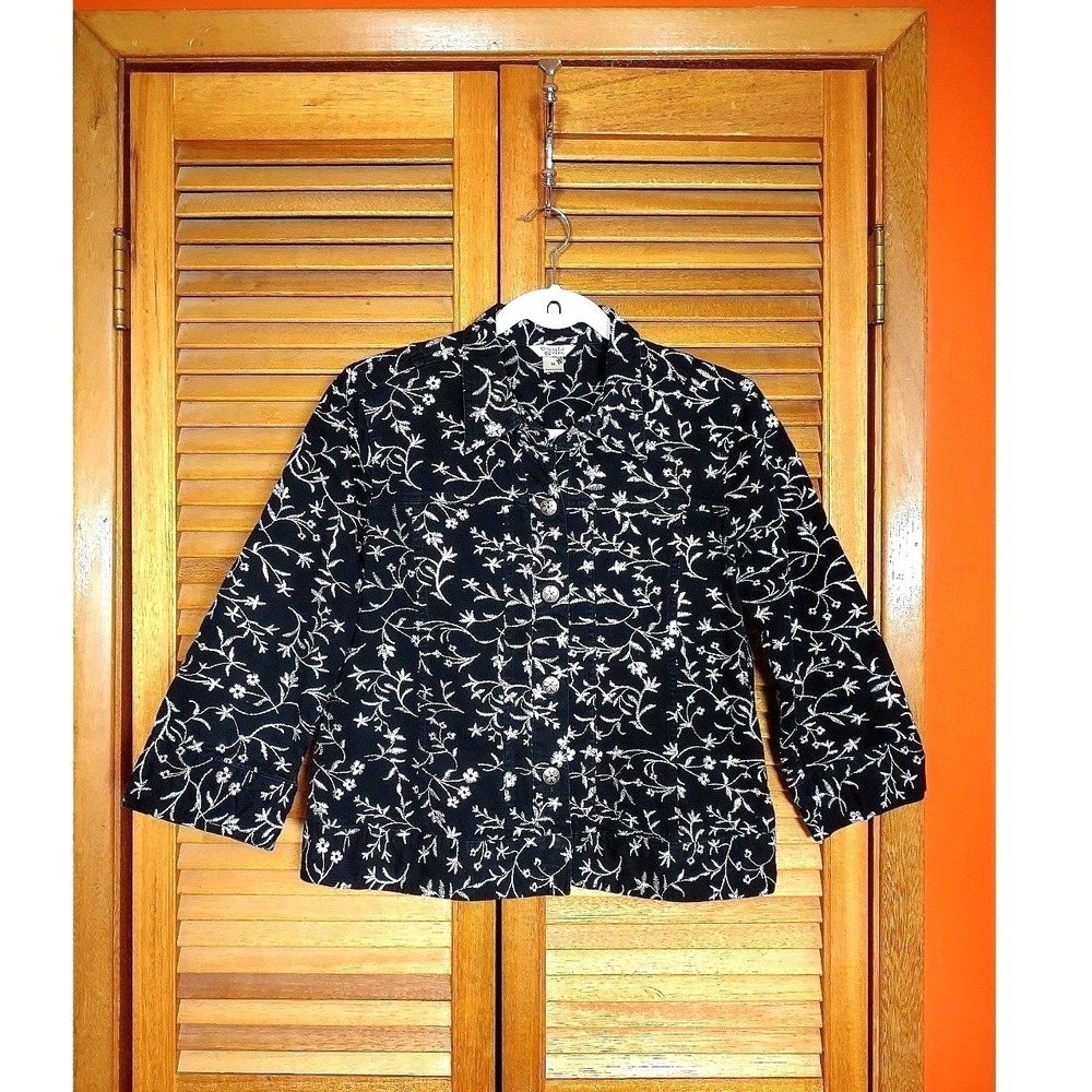Christopher & Banks Floral Embroidered Cotton Denim Jacket Black White - Med‎ - Picture 2 of 12